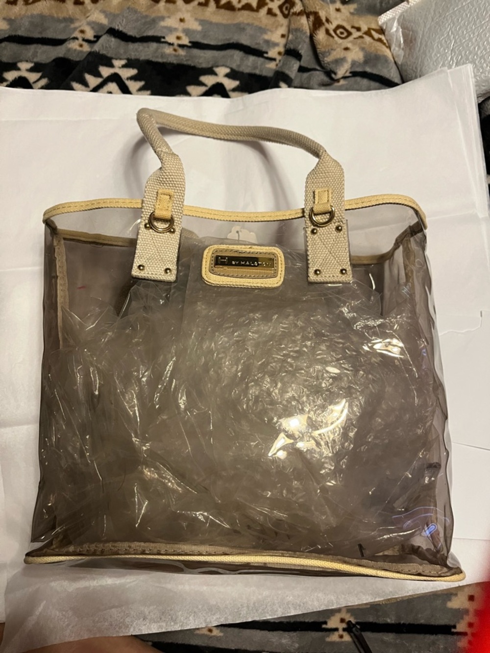 H by Halston Clear Tote with Cream Canvas Trim and Gold Hardware
